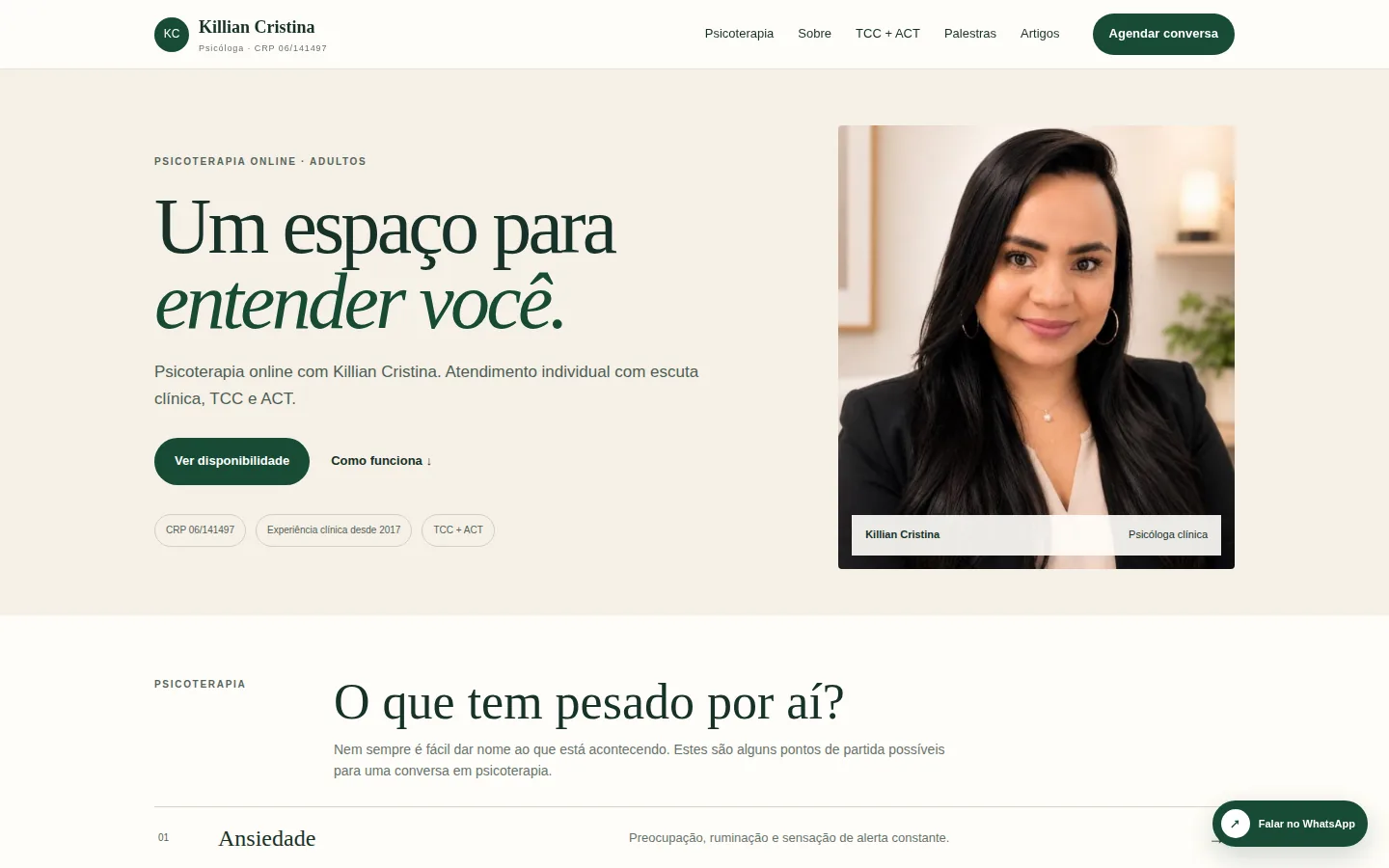 Página inicial pública do site Killian Psicóloga