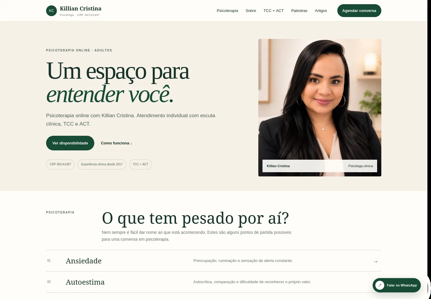 Página inicial do site Killian Psicóloga